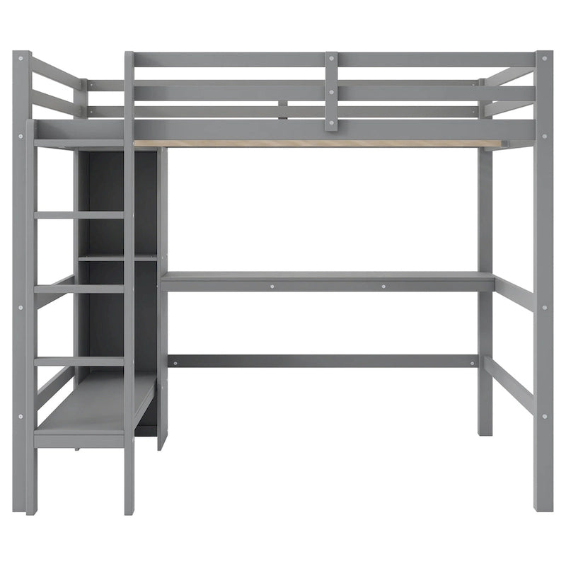 Lit mezzanine haut en pin, taille standard, avec bureau intégré, étagères de rangement, échelle et barrières de sécurité intégrales