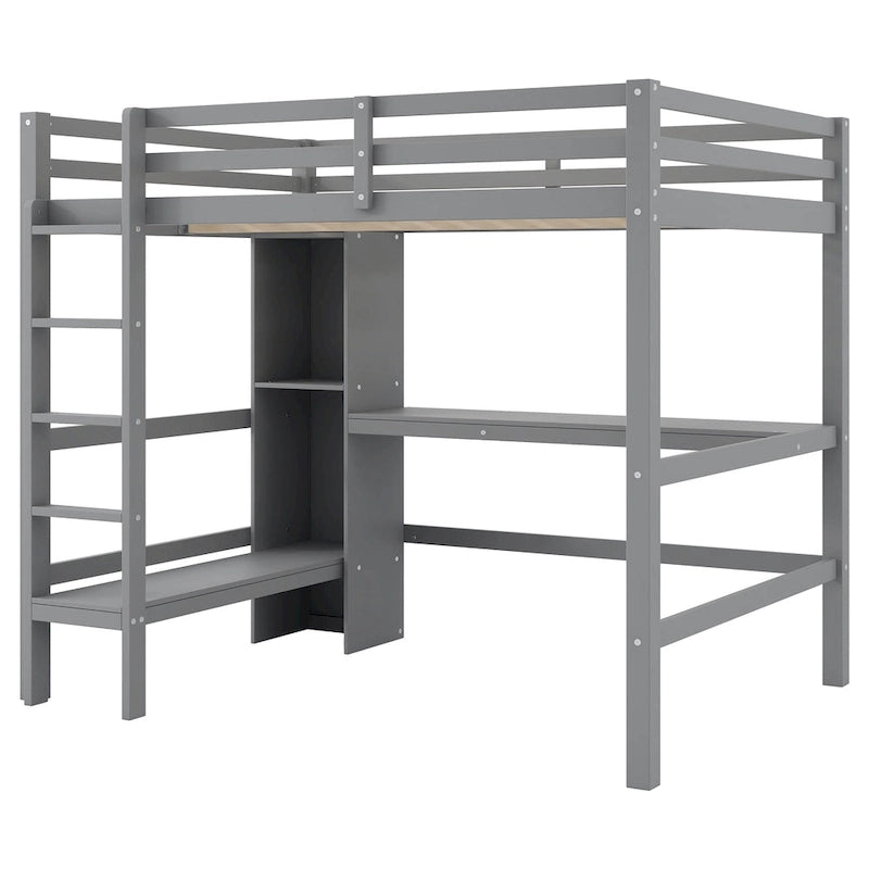Lit mezzanine haut en pin, taille standard, avec bureau intégré, étagères de rangement, échelle et barrières de sécurité intégrales