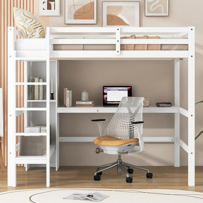 Lit mezzanine haut en pin, taille standard, avec bureau intégré, étagères de rangement, échelle et barrières de sécurité intégrales