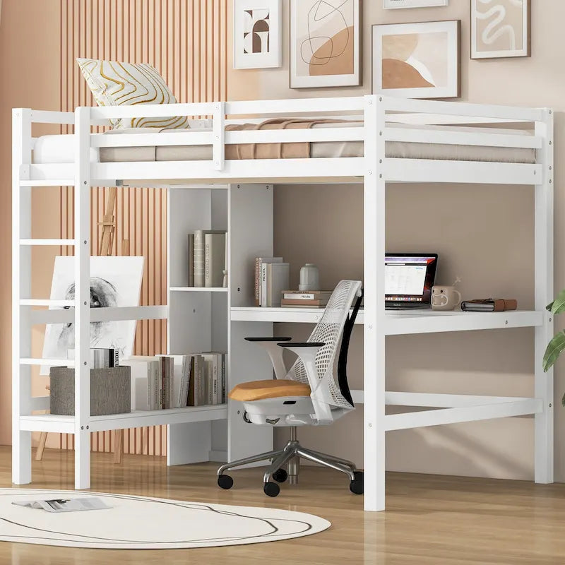 Lit mezzanine haut en pin, taille standard, avec bureau intégré, étagères de rangement, échelle et barrières de sécurité intégrales