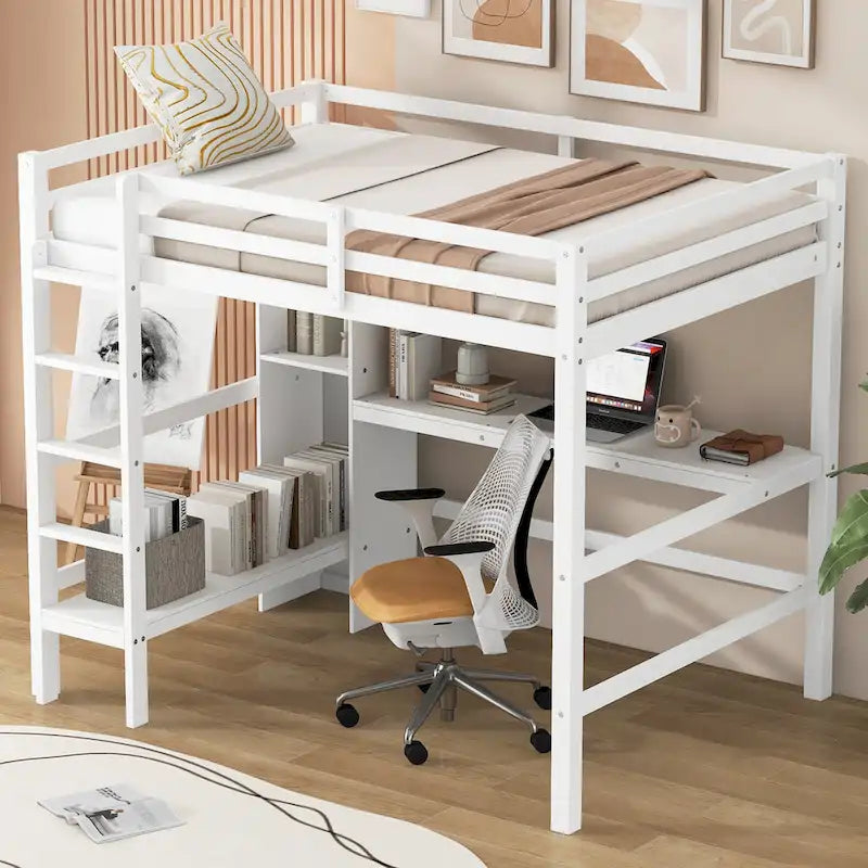 Lit mezzanine haut en pin, taille standard, avec bureau intégré, étagères de rangement, échelle et barrières de sécurité intégrales