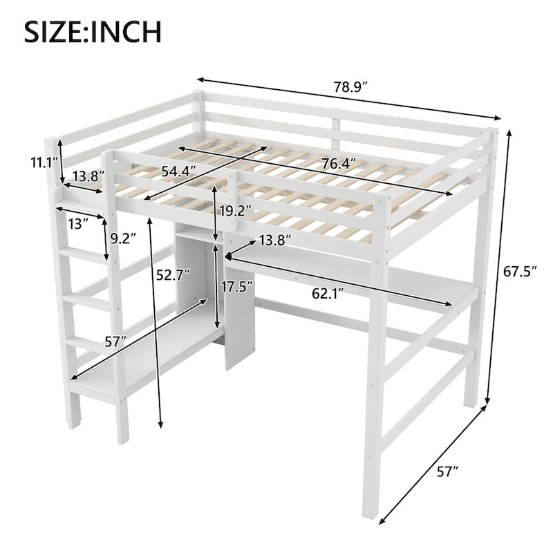 Lit mezzanine haut en pin, taille standard, avec bureau intégré, étagères de rangement, échelle et barrières de sécurité intégrales