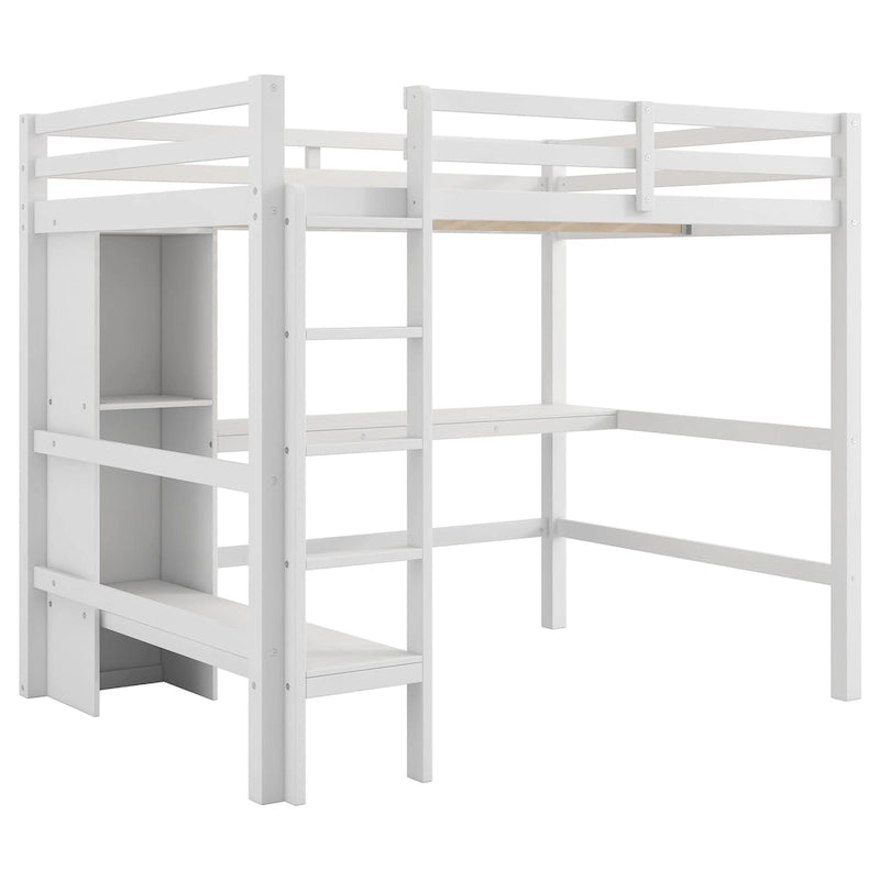 Lit mezzanine haut en pin, taille standard, avec bureau intégré, étagères de rangement, échelle et barrières de sécurité intégrales