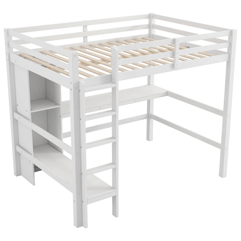 Lit mezzanine haut en pin, taille standard, avec bureau intégré, étagères de rangement, échelle et barrières de sécurité intégrales