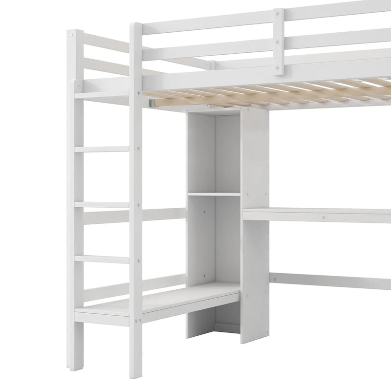 Lit mezzanine haut en pin, taille standard, avec bureau intégré, étagères de rangement, échelle et barrières de sécurité intégrales