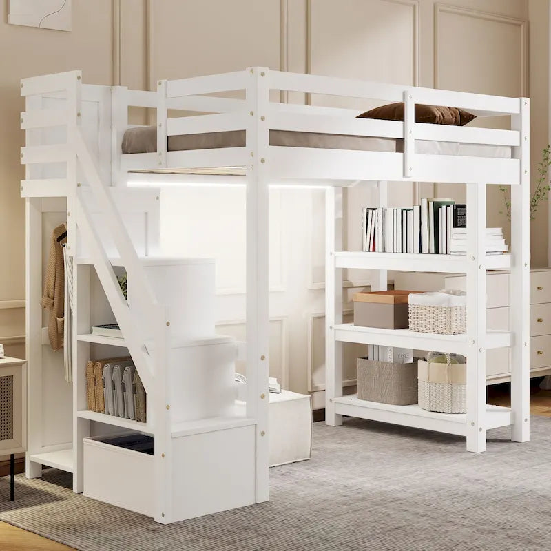 Lit mezzanine haut en pin avec étagères à 4 niveaux, escalier de rangement, armoire et éclairage LED