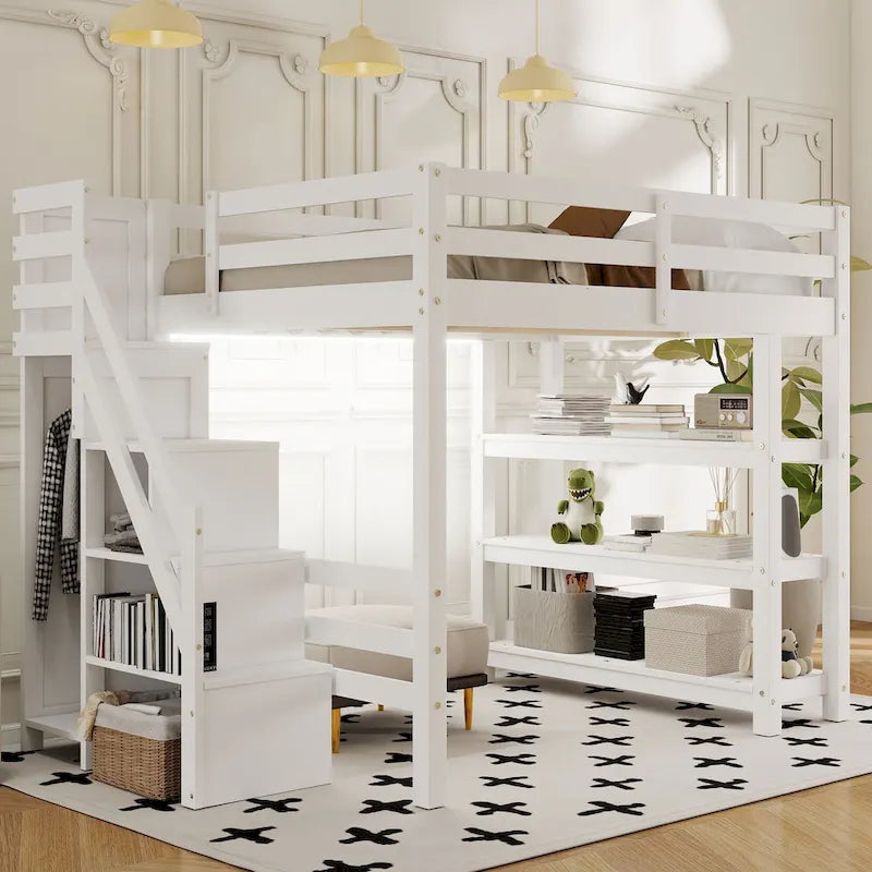 White High Wood Loft Bed with Storage Staircase, 4-Layer Open Shelves and Small Wardrobe, LED Loft Bed Frame for Girls or Boys
