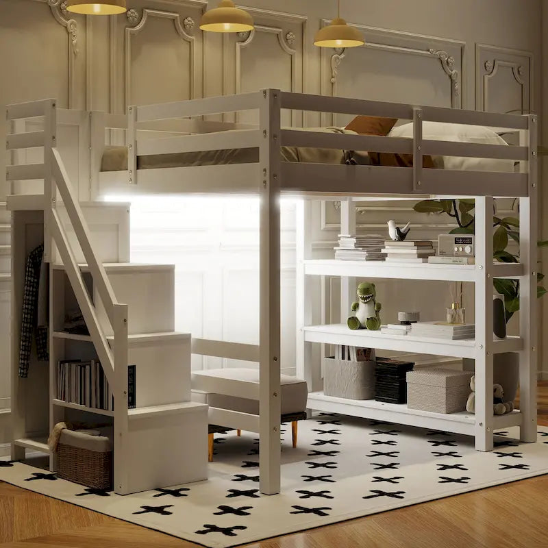 Lit mezzanine haut en pin avec étagères à 4 niveaux, escalier de rangement, armoire et éclairage LED