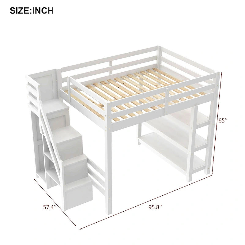 Lit mezzanine haut en pin avec étagères à 4 niveaux, escalier de rangement, armoire et éclairage LED