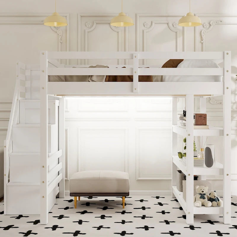 Lit mezzanine haut en pin avec étagères à 4 niveaux, escalier de rangement, armoire et éclairage LED