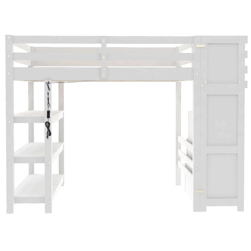 Lit mezzanine haut en pin avec étagères à 4 niveaux, escalier de rangement, armoire et éclairage LED