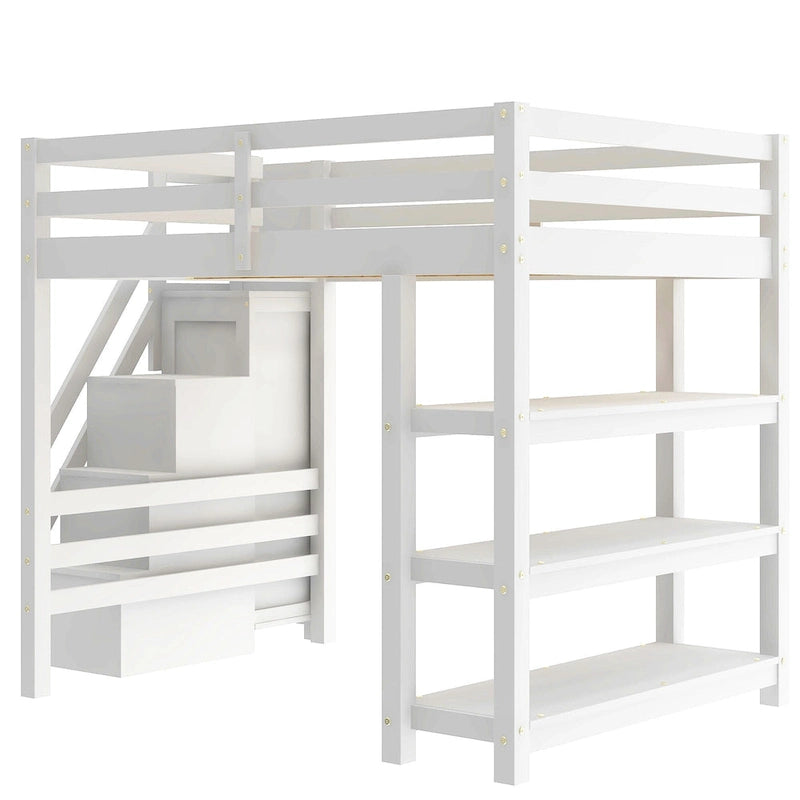 Lit mezzanine haut en pin avec étagères à 4 niveaux, escalier de rangement, armoire et éclairage LED