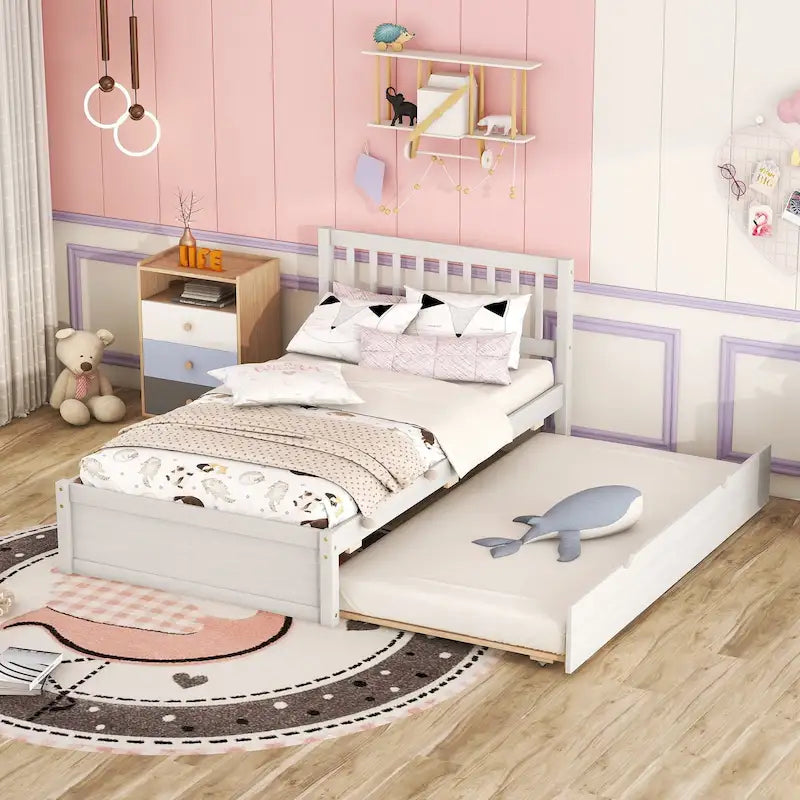 Lit plateforme jumeau avec lit gigogne escamotable et tête de lit avec barrière