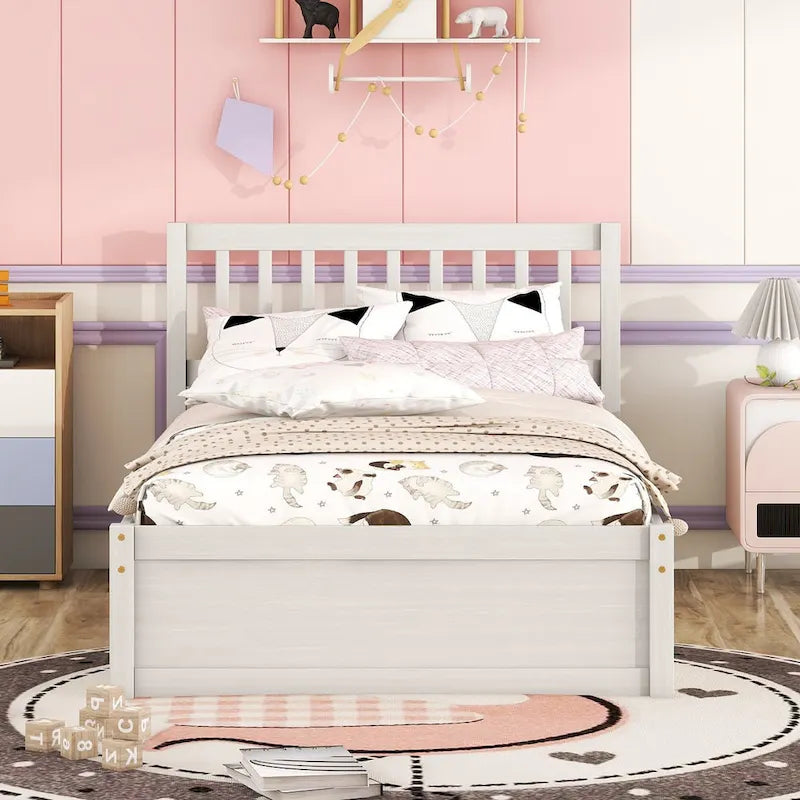 White Twin Platform Bed in Walnut Wood with Trundle and Fence Headboard - Modern Space-Saving Design