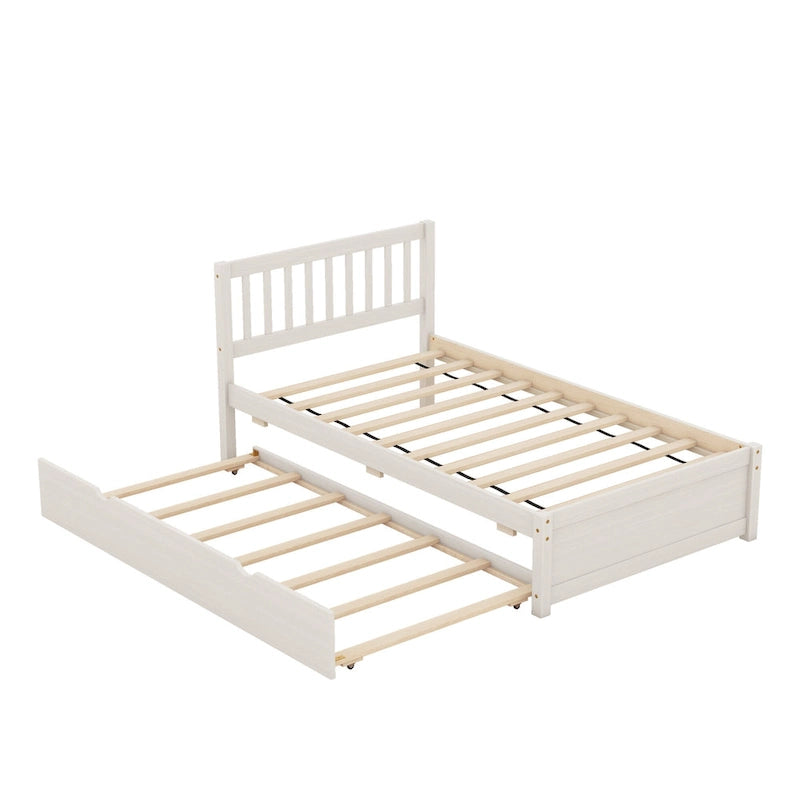 Lit plateforme jumeau avec lit gigogne escamotable et tête de lit avec barrière