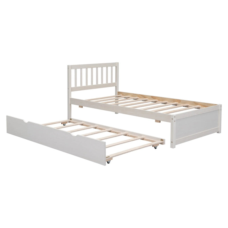 Lit plateforme jumeau avec lit gigogne escamotable et tête de lit avec barrière