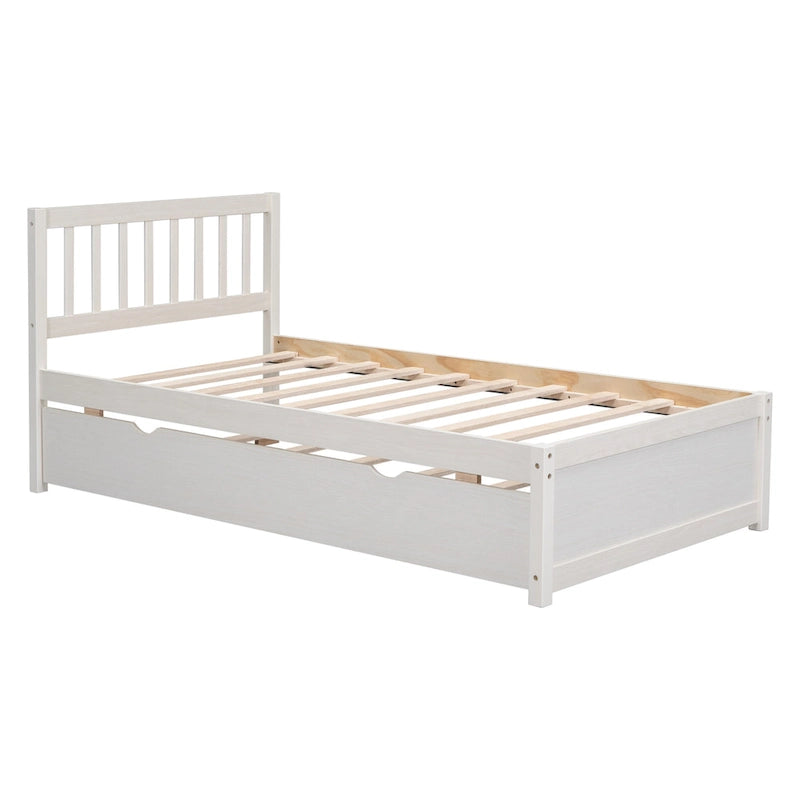 Lit plateforme jumeau avec lit gigogne escamotable et tête de lit avec barrière