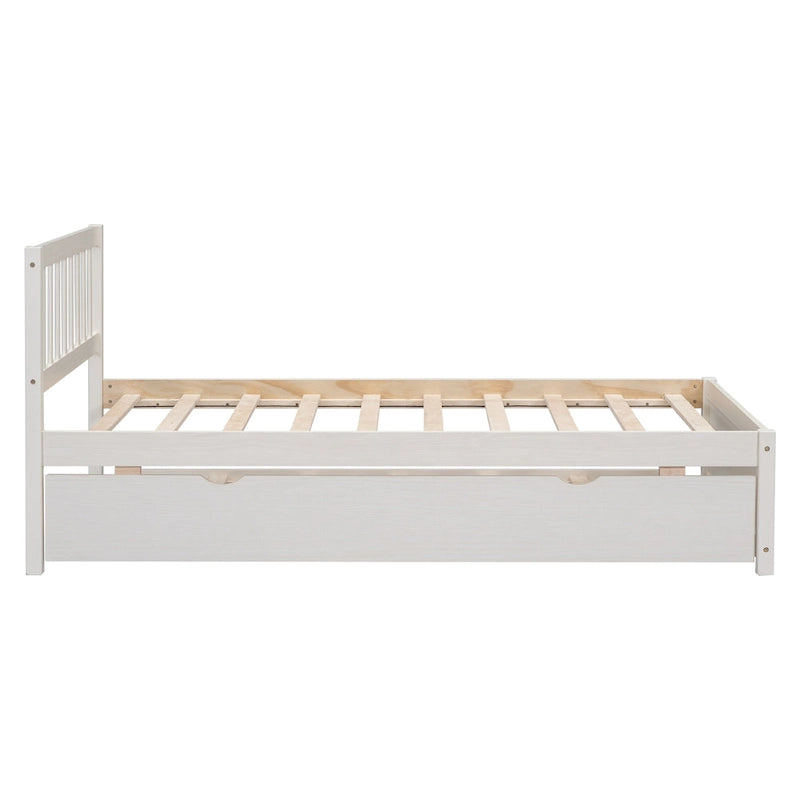 Lit plateforme jumeau avec lit gigogne escamotable et tête de lit avec barrière