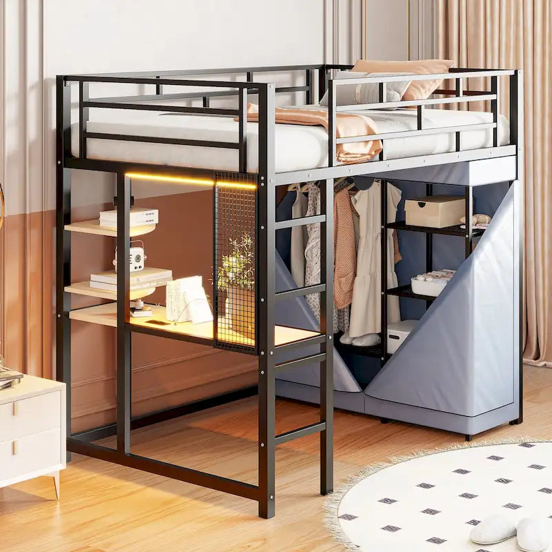 Lit mezzanine double en métal avec bureau, armoire et prise de courant intégrée