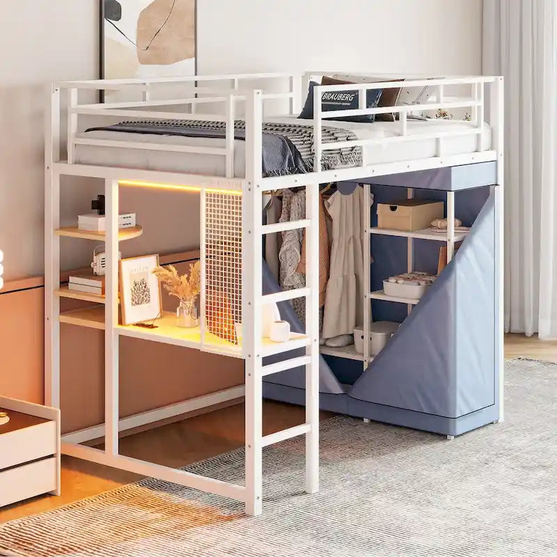 Lit mezzanine double en métal avec bureau, armoire et prise de courant intégrée