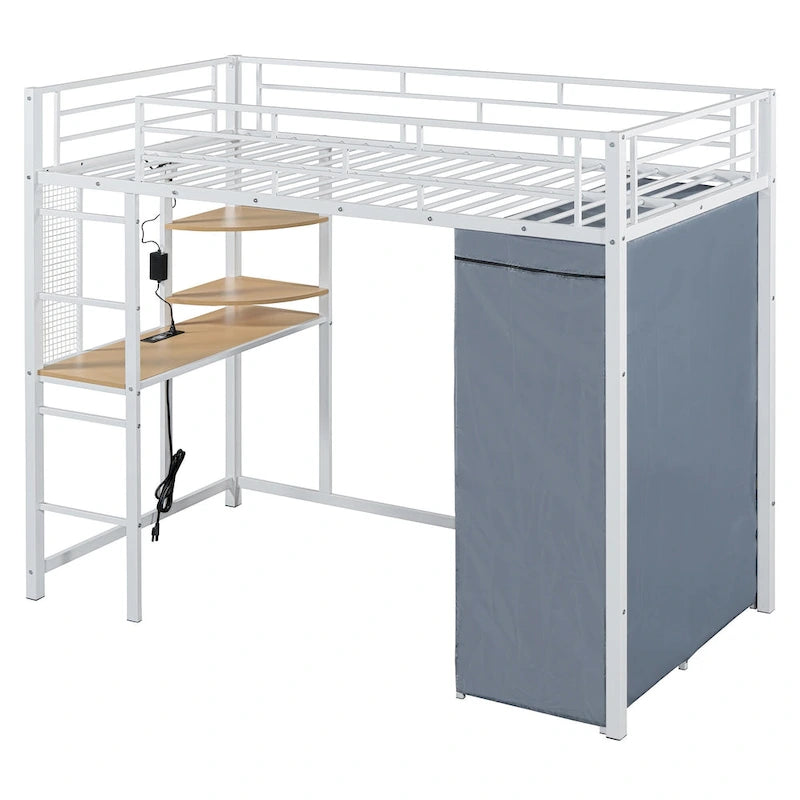 Lit mezzanine double en métal avec bureau, armoire et prise de courant intégrée