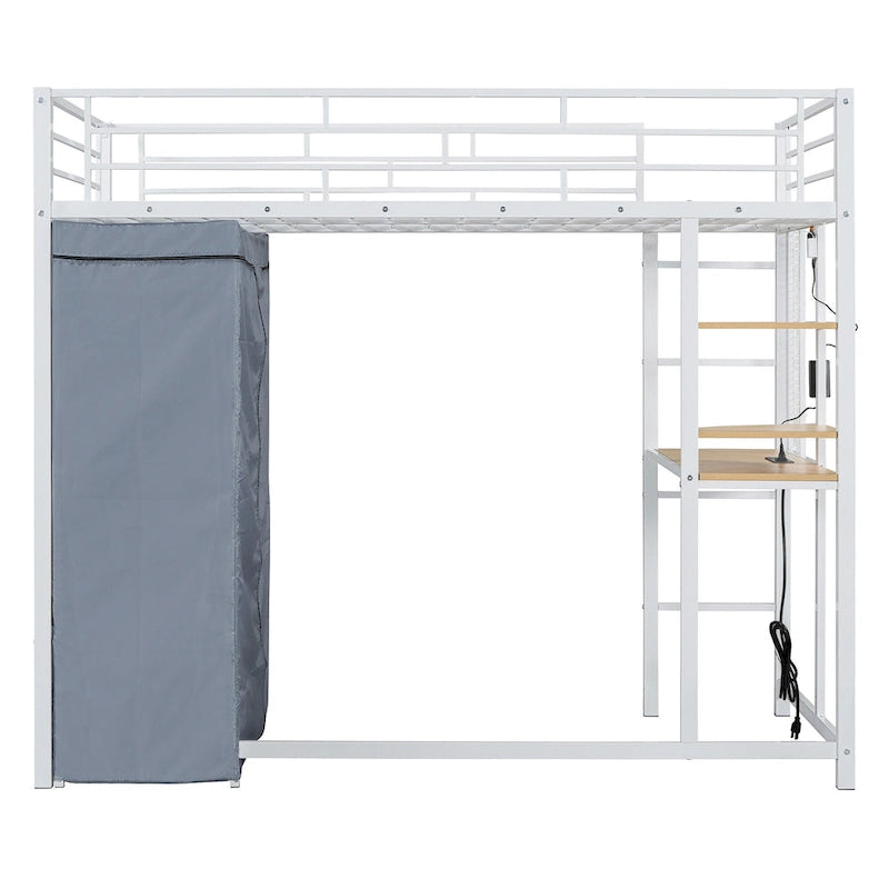 Lit mezzanine double en métal avec bureau, armoire et prise de courant intégrée
