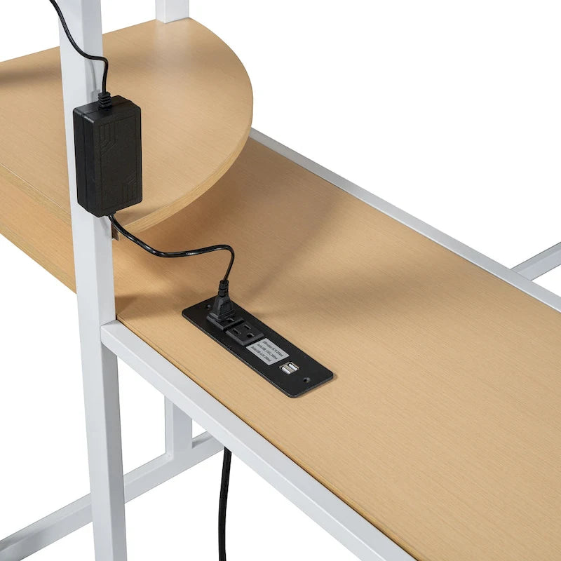 Lit mezzanine double en métal avec bureau, armoire et prise de courant intégrée