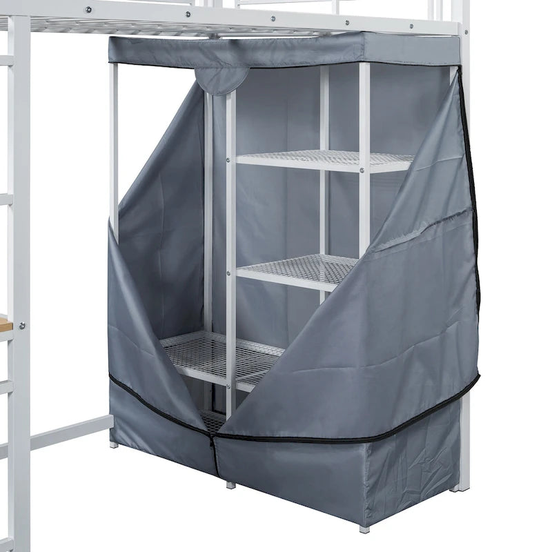 Lit mezzanine double en métal avec bureau, armoire et prise de courant intégrée