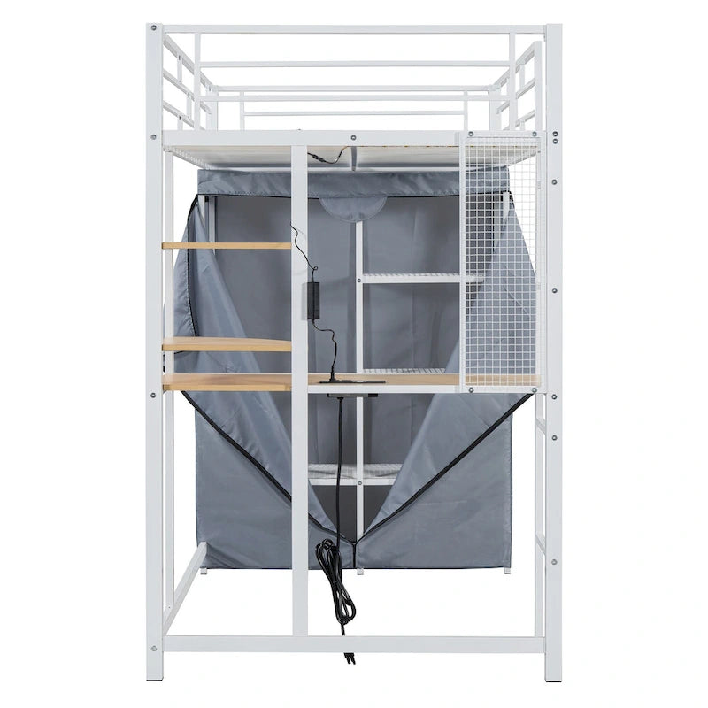Lit mezzanine double en métal avec bureau, armoire et prise de courant intégrée