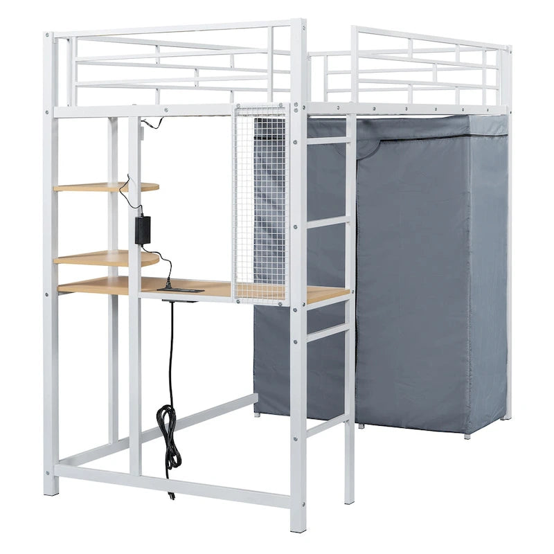 Lit mezzanine double en métal avec bureau, armoire et prise de courant intégrée