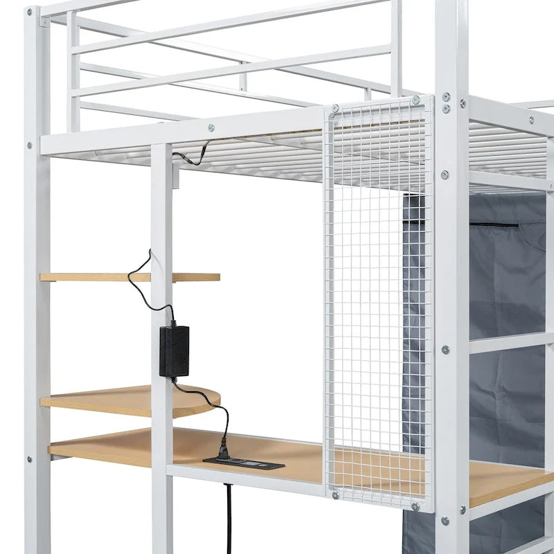 Lit mezzanine double en métal avec bureau, armoire et prise de courant intégrée