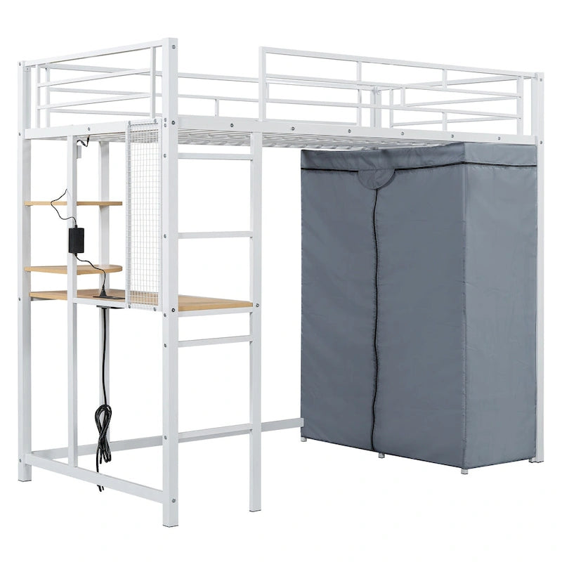 Lit mezzanine double en métal avec bureau, armoire et prise de courant intégrée