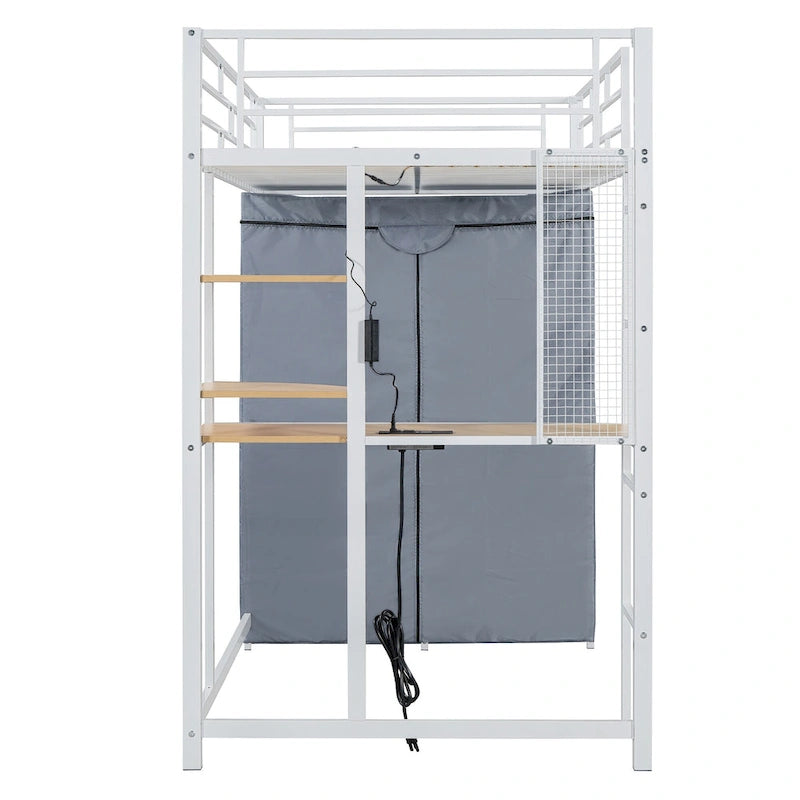 Lit mezzanine double en métal avec bureau, armoire et prise de courant intégrée
