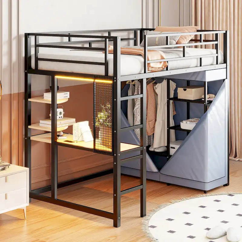 Lit mezzanine double en métal avec bureau, armoire et prise de courant intégrée