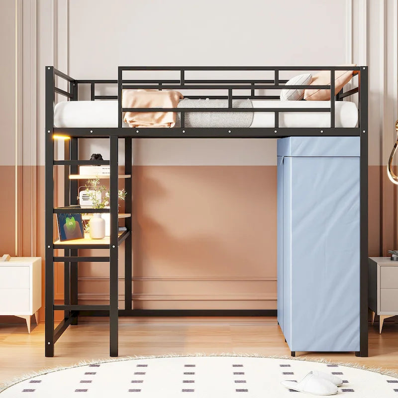 Lit mezzanine double en métal avec bureau, armoire et prise de courant intégrée
