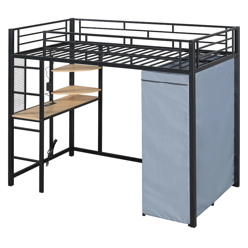 Lit mezzanine double en métal avec bureau, armoire et prise de courant intégrée