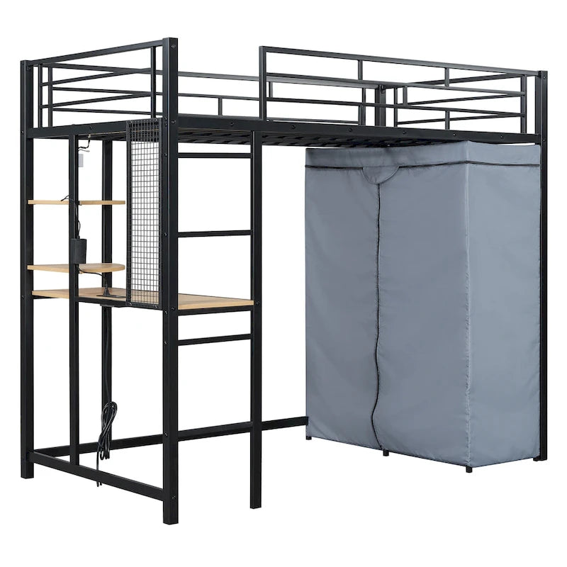 Lit mezzanine double en métal avec bureau, armoire et prise de courant intégrée