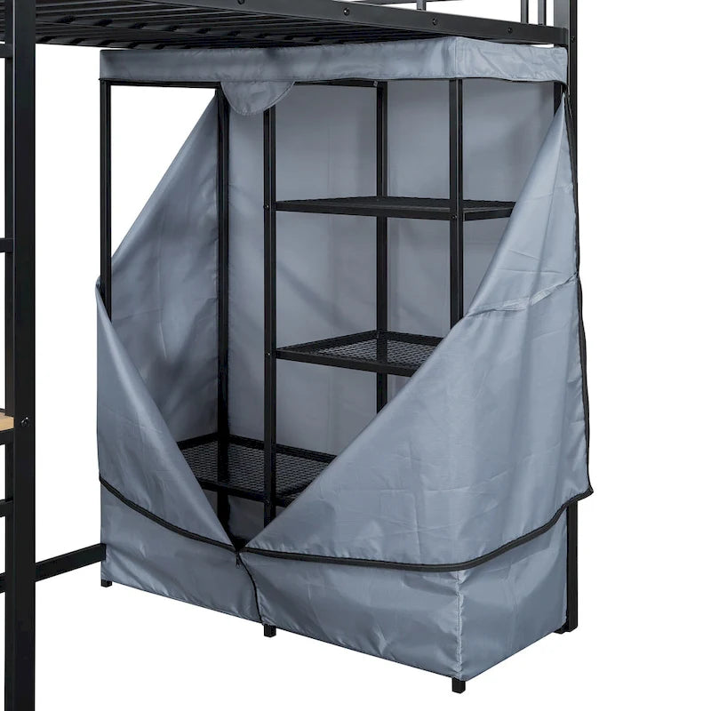 Lit mezzanine double en métal avec bureau, armoire et prise de courant intégrée