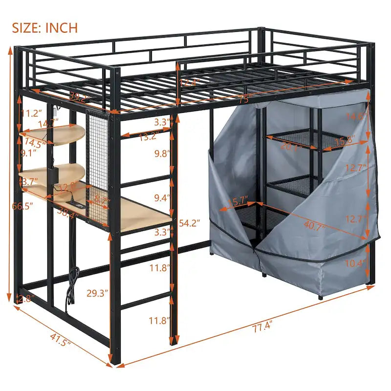 Lit mezzanine double en métal avec bureau, armoire et prise de courant intégrée