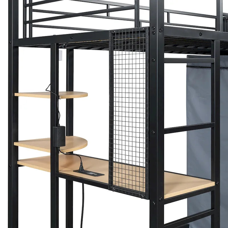 Lit mezzanine double en métal avec bureau, armoire et prise de courant intégrée