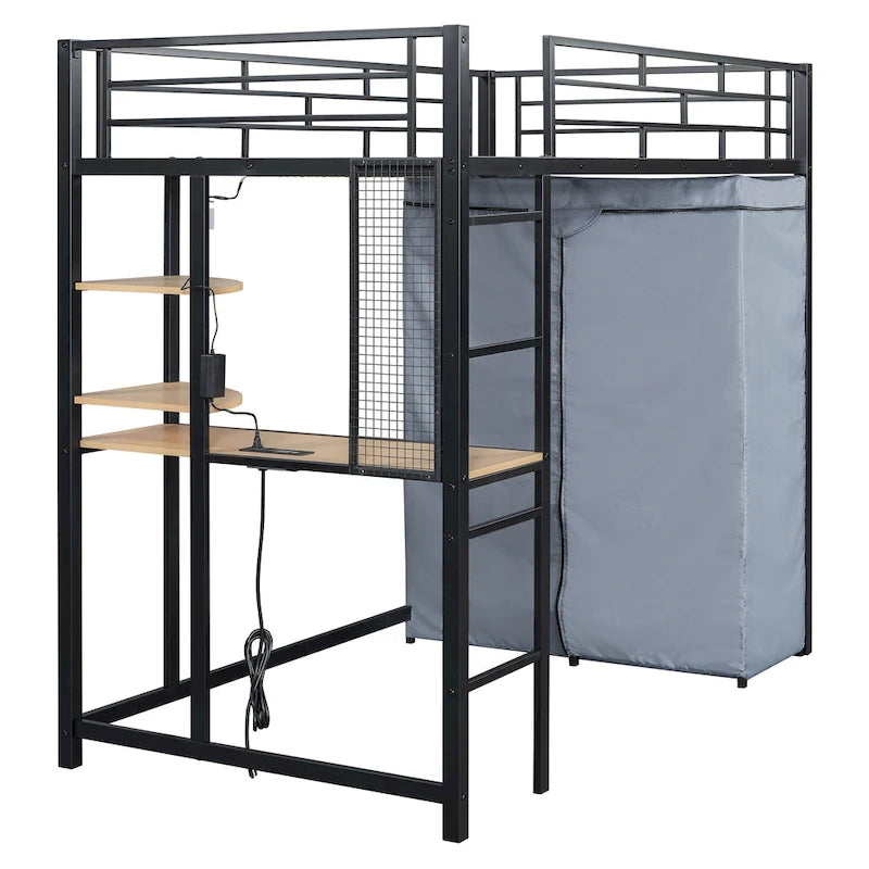 Lit mezzanine double en métal avec bureau, armoire et prise de courant intégrée