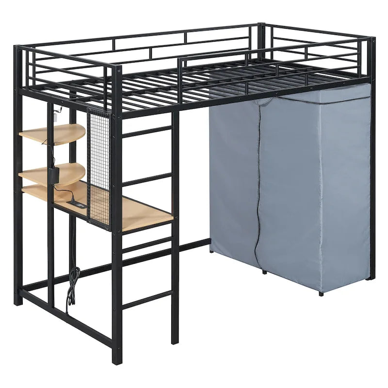 Lit mezzanine double en métal avec bureau, armoire et prise de courant intégrée