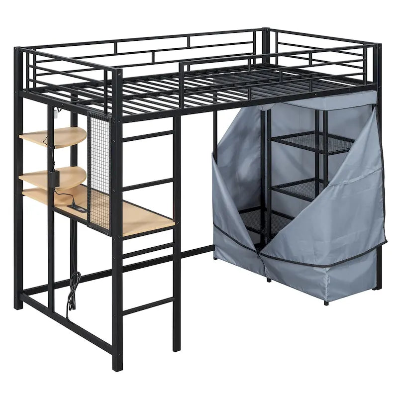 Lit mezzanine double en métal avec bureau, armoire et prise de courant intégrée