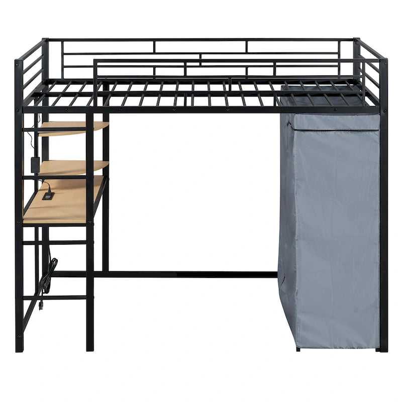 Lit mezzanine double en métal avec bureau, armoire et prise de courant intégrée