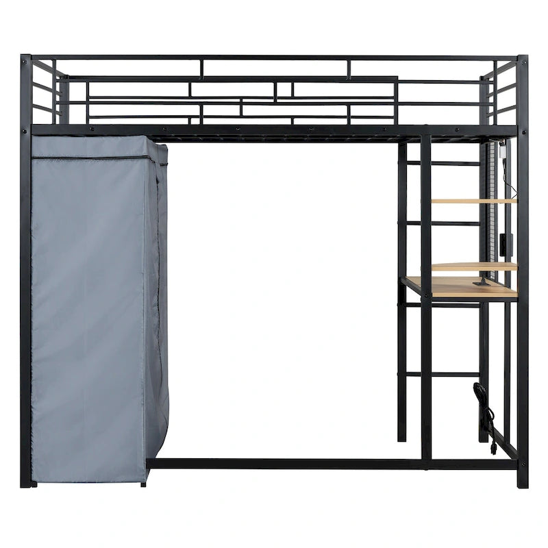 Lit mezzanine double en métal avec bureau, armoire et prise de courant intégrée