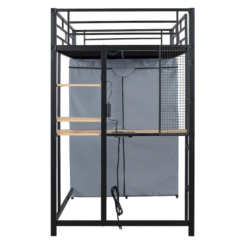 Lit mezzanine double en métal avec bureau, armoire et prise de courant intégrée