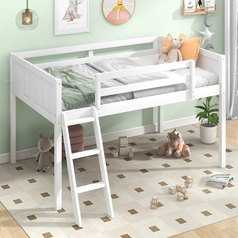 Lit mezzanine bas en bois de pin, taille jumeau, avec échelle convertible et barrières de sécurité intégrales