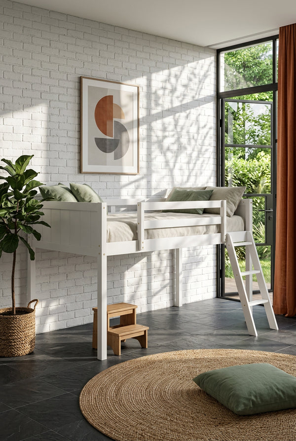 White Twin Size Solid Wood Low Loft Bed with Ladder and Fence Baffle, and Wood Slats Support for Bedroom