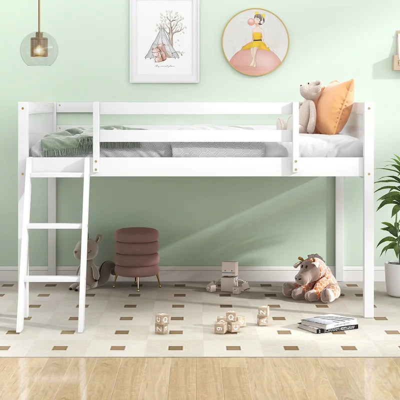 Lit mezzanine bas en bois de pin, taille jumeau, avec échelle convertible et barrières de sécurité intégrales