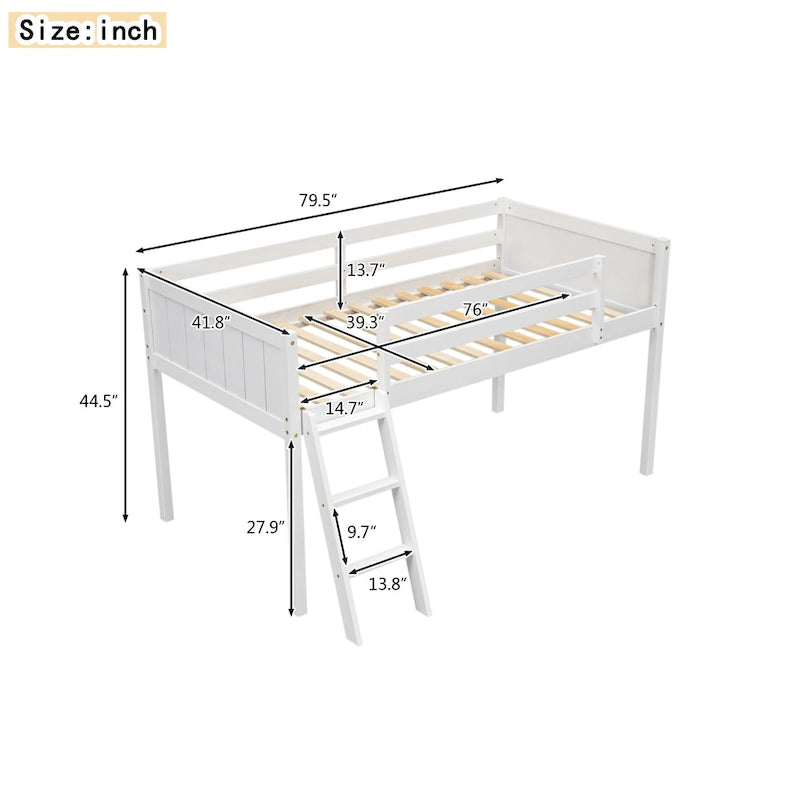 Lit mezzanine bas en bois de pin, taille jumeau, avec échelle convertible et barrières de sécurité intégrales